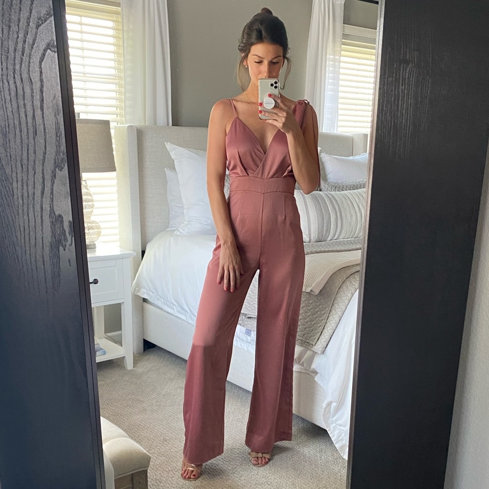 Rusty Rose Satin Asymmetrical Wide-Leg Jumpsuit